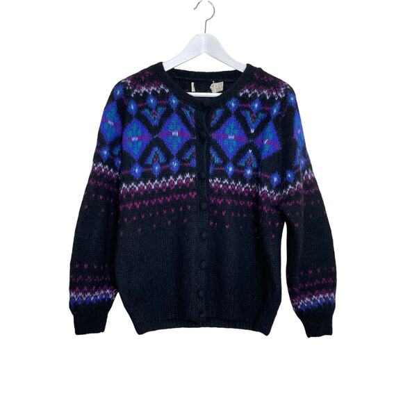 Vintage L.L. Bean Women's Size S Black Mohair-Nylon Fair Isle Cardigan Sweater - Picture 1 of 10